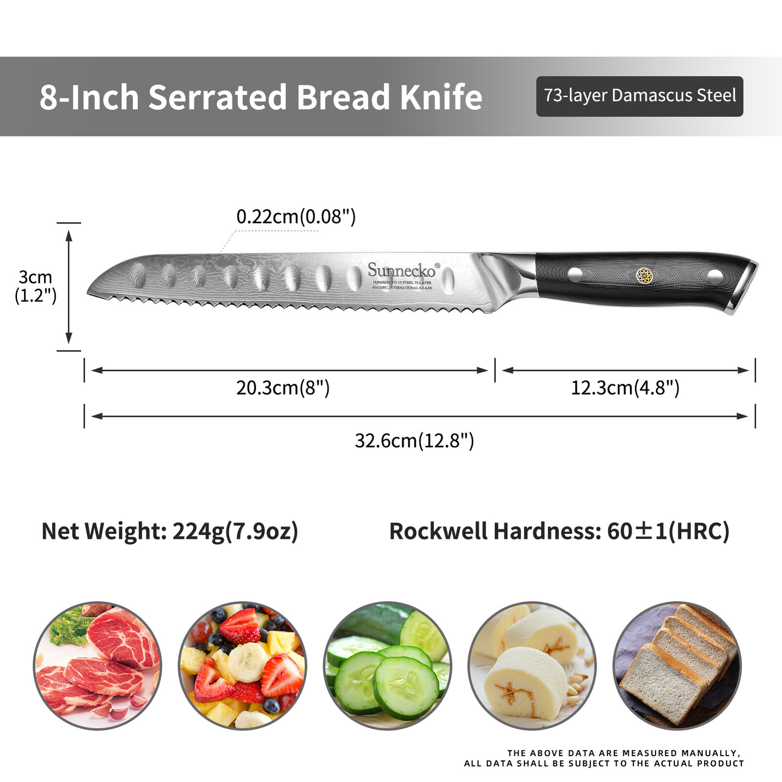 Sunnecko Serrated Bread Knife 8 Inch Damascus Steel Kitchen Sandwich Knife photo 3