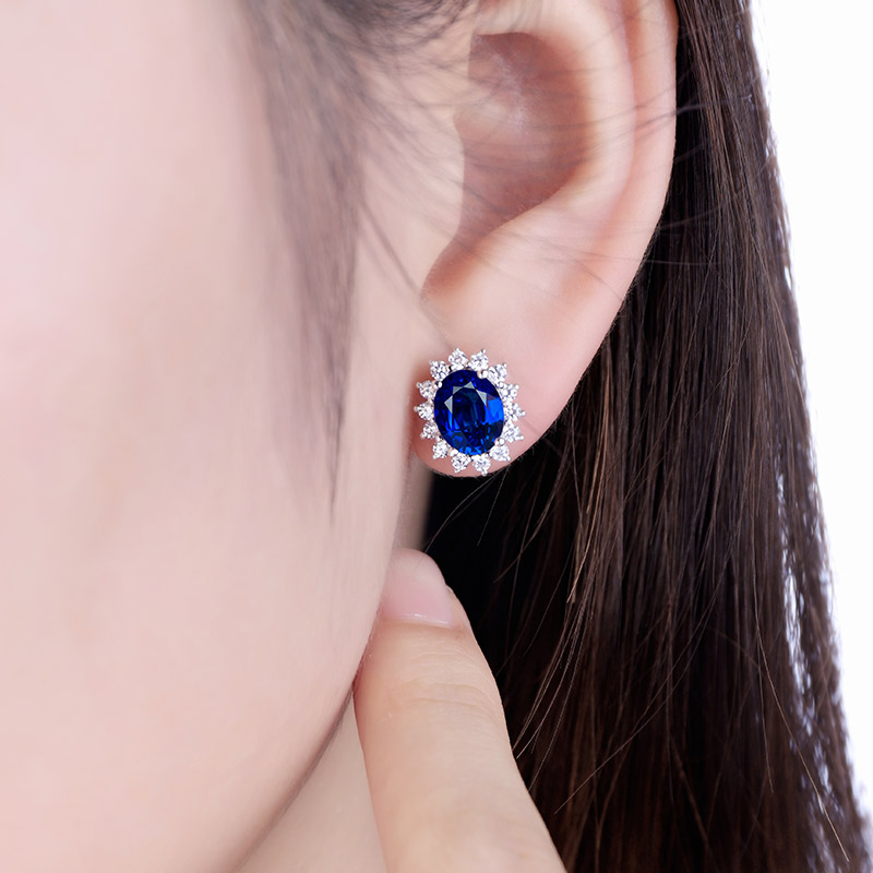 S925 Silver 3.1g Lab-Created Ruby Sapphire Emerald Paraiba Earrings, 8x6mm Halo, 4 Colors photo 7