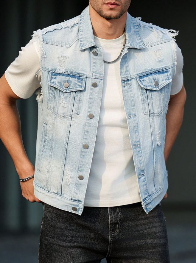 Light Blue Denim Vest Men Frayed Ripped Sleeveless Jean Jacket Ready To Ship From US photo 3