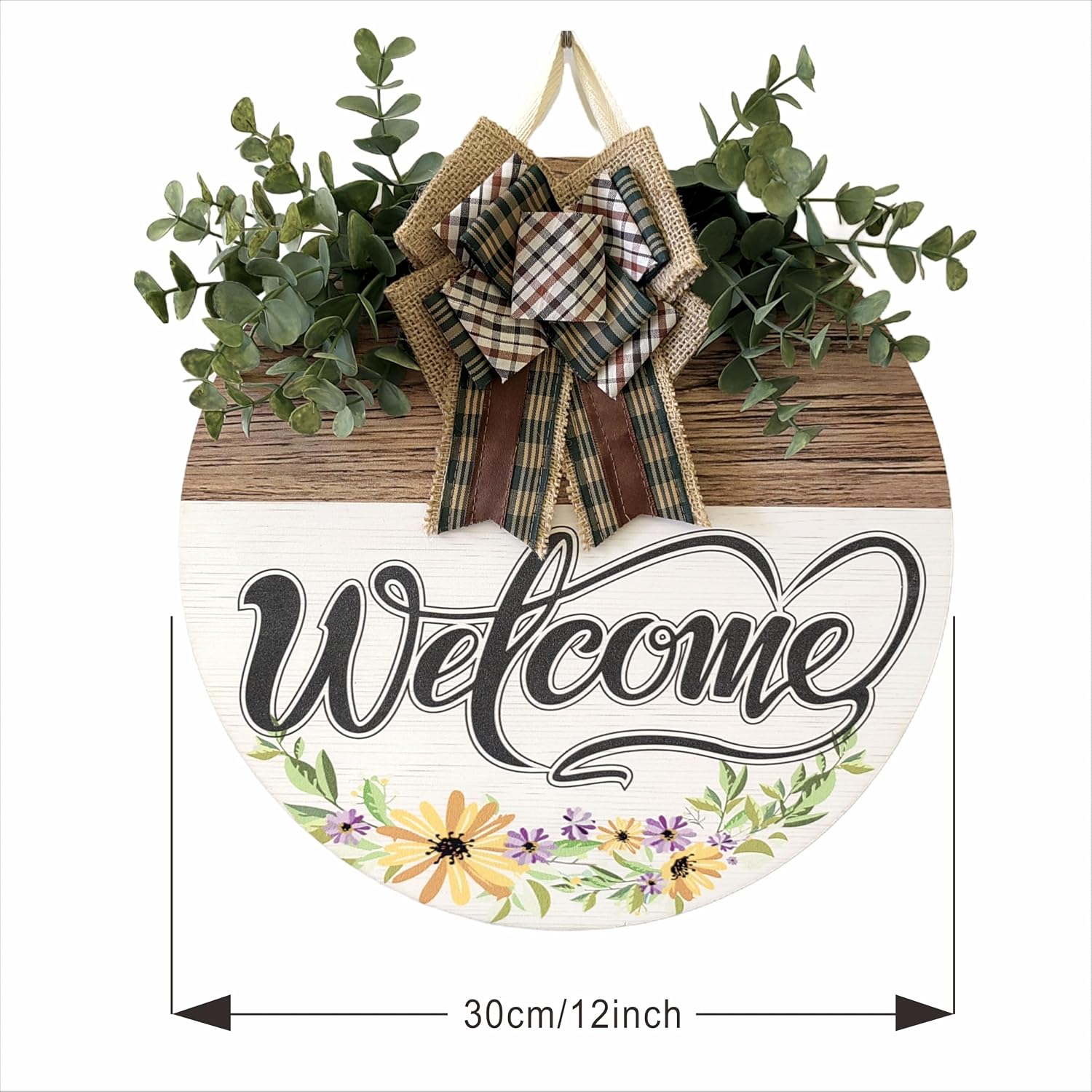 Welcome Door Sign 12 Inch Round Wooden Hanging Sign With Artificial Leaves, Farmhouse Porch Decor For Indoor Outdoor Home photo 4