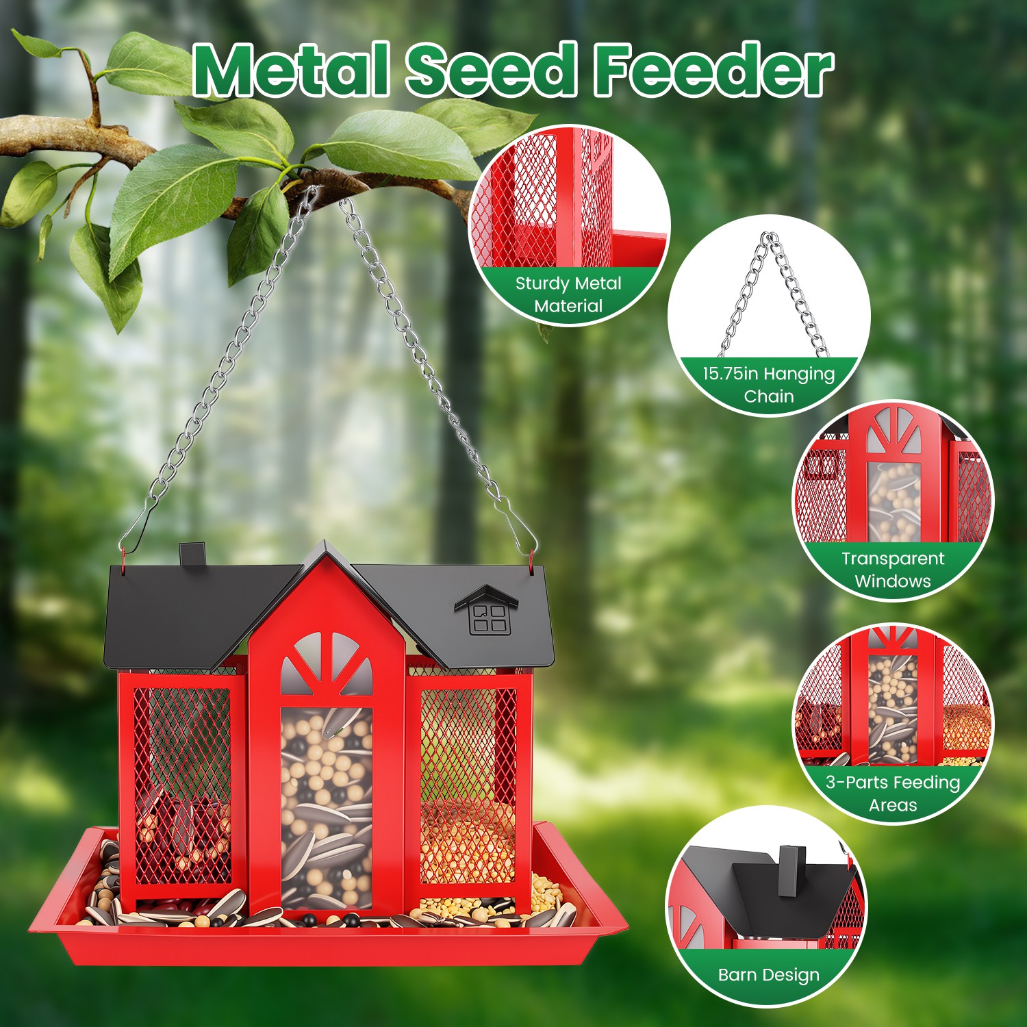 1Pc  Metal Hanging Bird Feeder House Classic Barn Bird Feeder House Iron Hanging Outdoor Feeder With Visible Window And Lift Top Lid 15.75in Hanging Length Wild Birds Garden Yard photo 8