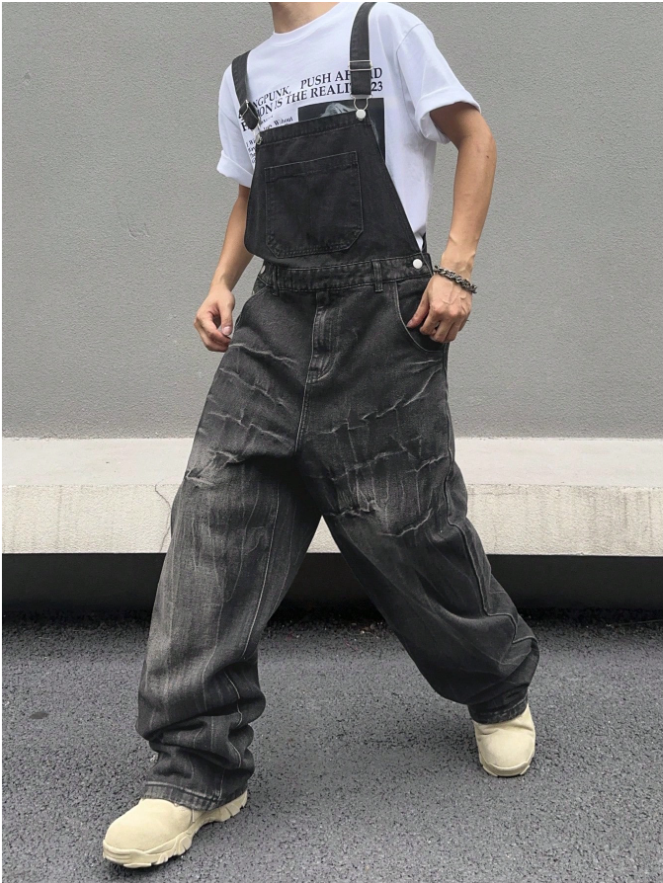 Men Black Denim Overalls Loose Fit Bib Pants Workwear Style Casual Jeans Jumpsuit Wholesale Ready Stock photo 1