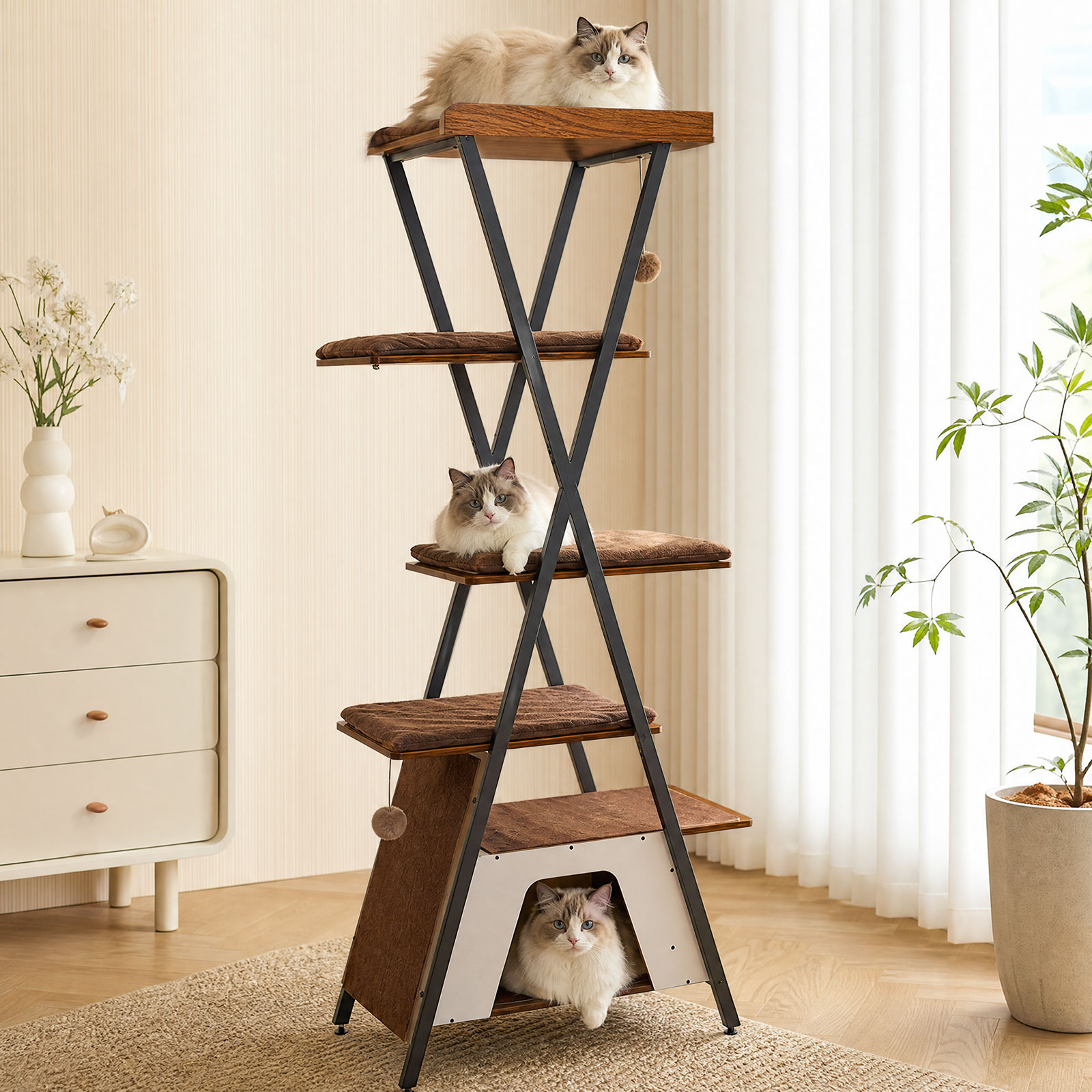 73in Modern Cat Tower For Indoor Cats - Multi-Level Cat Tree With Scratching Posts, Caves, Large Perch & Removable Pads - Wooden Cat Furniture photo 3