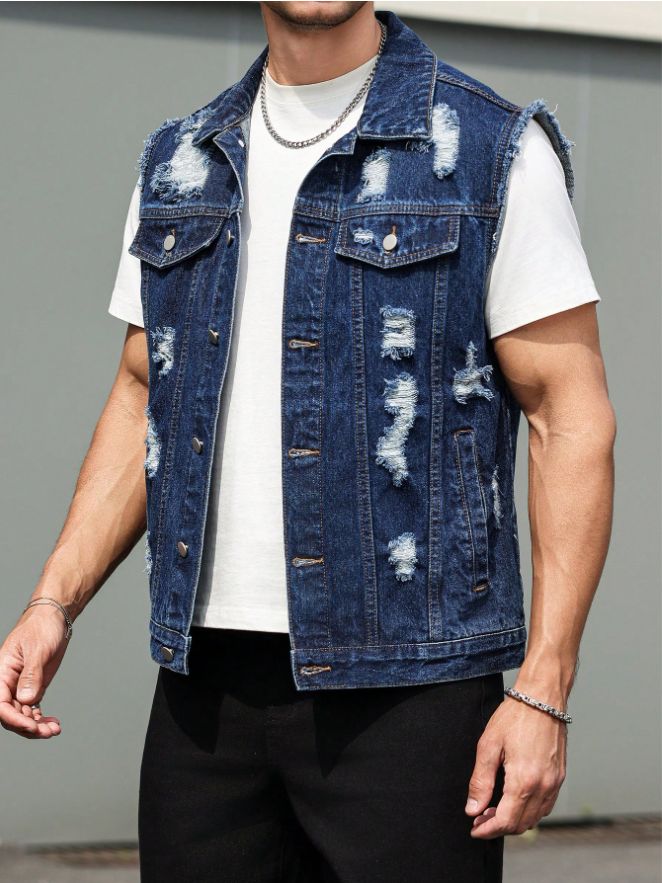 Ripped Denim Vest Men Dark Blue Distressed Sleeveless Jean Jacket Vintage Ships From US photo 5