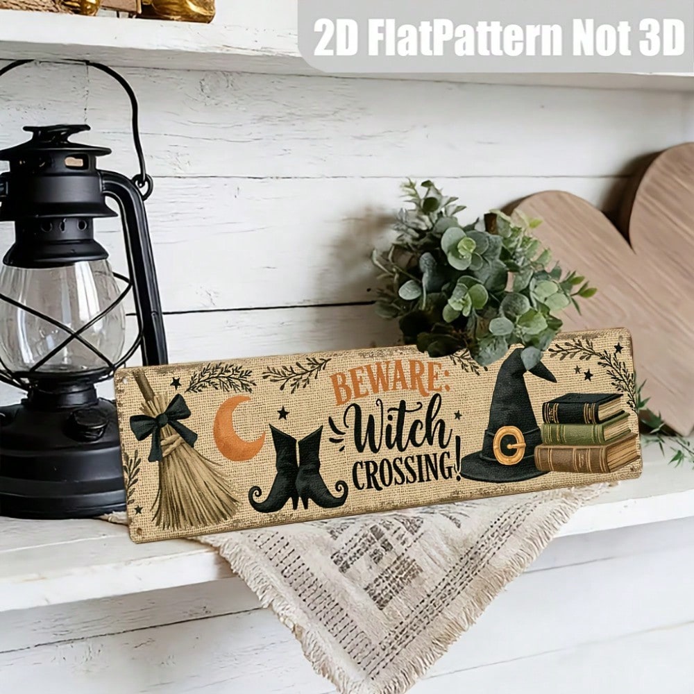 Beware Witch Crossing Metal Sign 2D Flat, Rustic Halloween Entryway Decor photo 8
