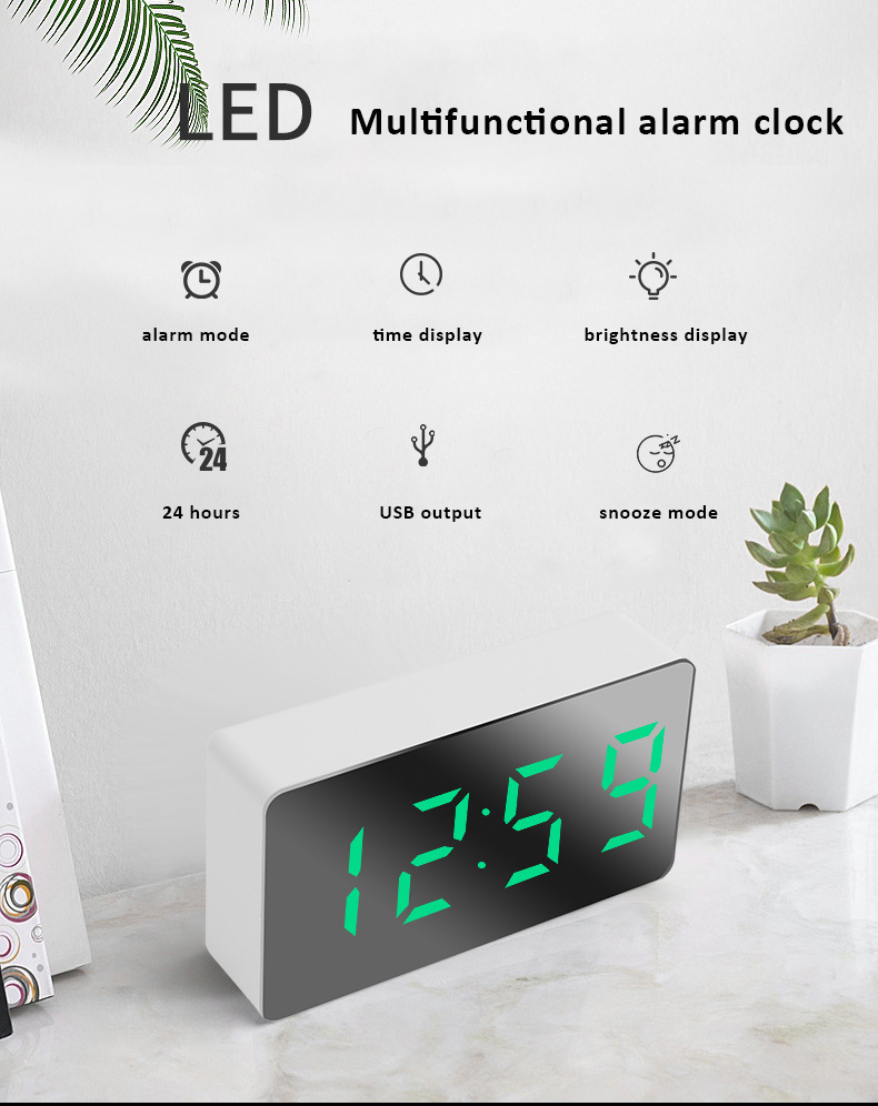Mini LED Plug-in Clock, Bedroom Electronic Digital Alarm Clock, Car Clock, Multi-color Font Portable Silent Mirror Clock photo 3