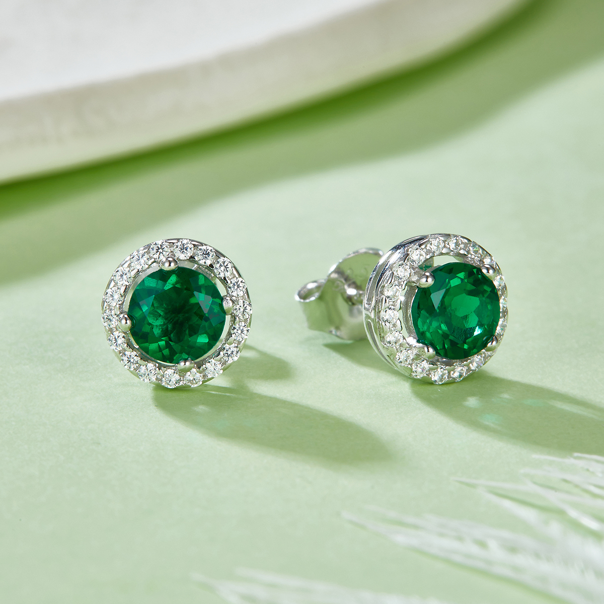 S925 Silver 2.6g Lab-Created Emerald Halo Stud Earrings, 1ct 5mm, Pair photo 2