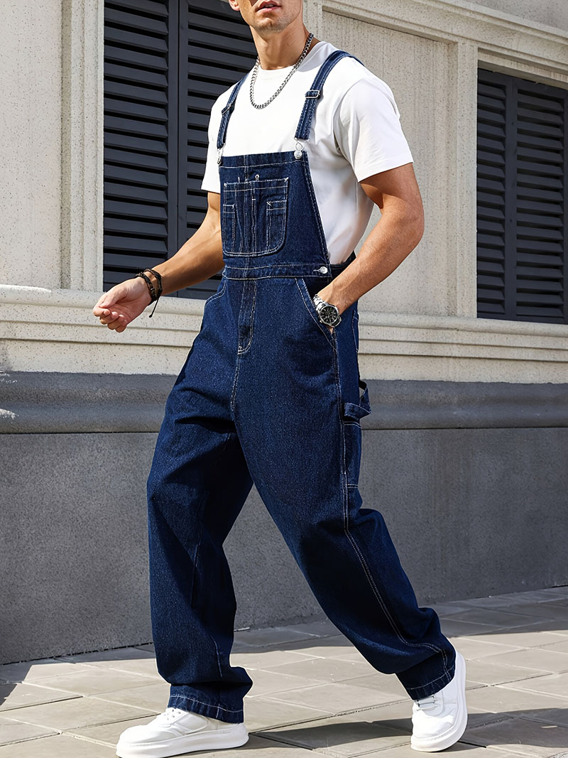 Men's Denim Overalls Loose Fit Carpenter Bib Pants Workwear Jeans Streetwear Ready Stock photo 3