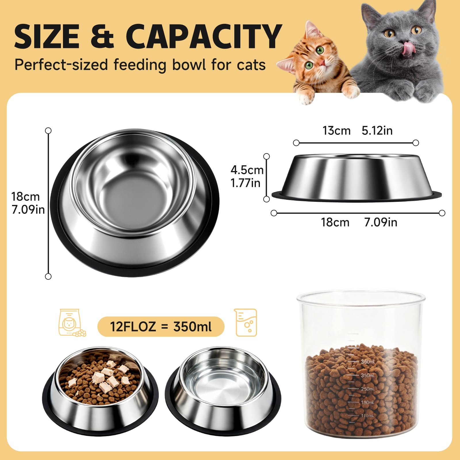Stainless Steel Food Water Shallow Whisker Friendly Cat Pet Bowl Metal Dish,Removable Base,2-pack Set,12 FL OZ   350 Ml,Easily Clean,Dishwasher Safe,for Cats Kittens photo 5