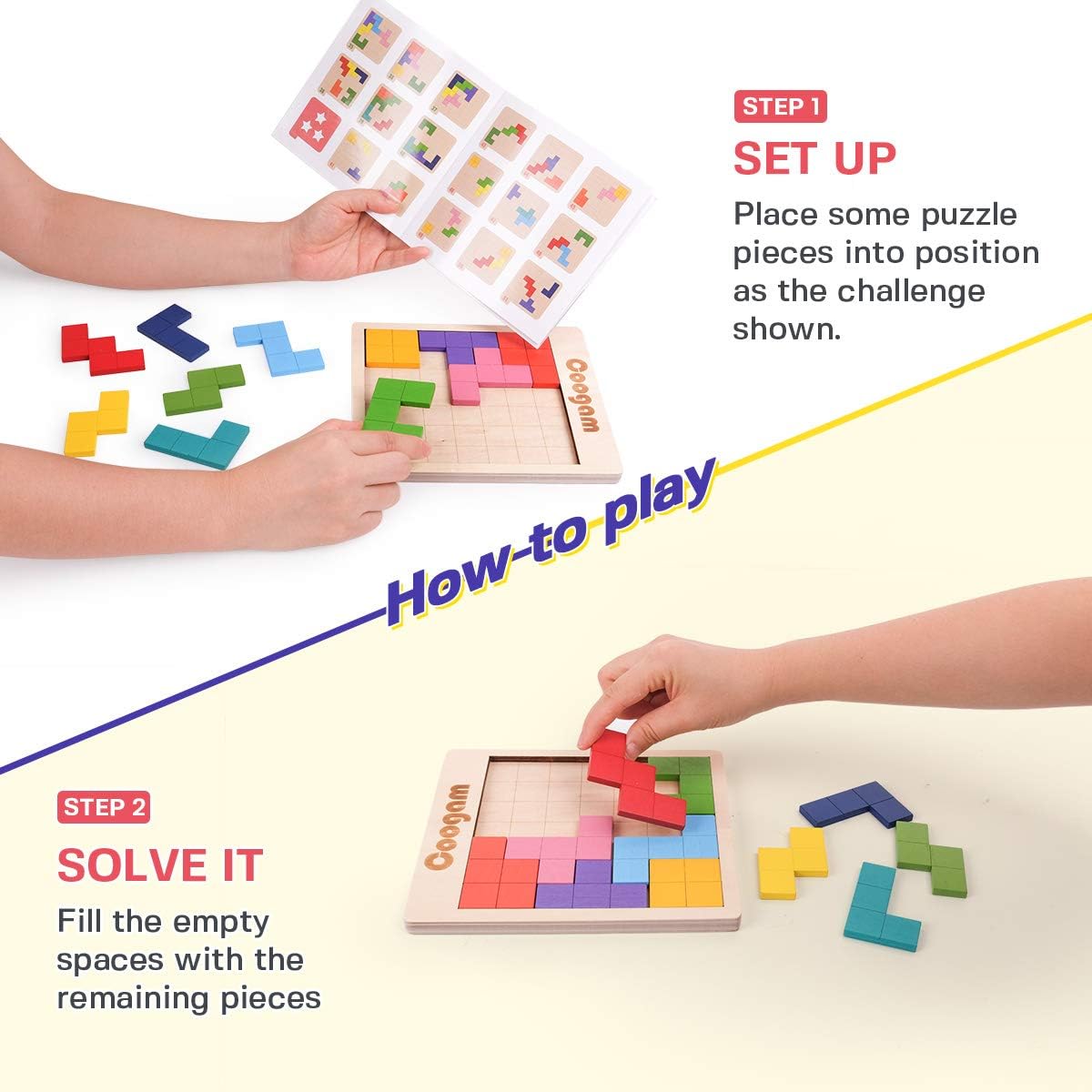 Wooden Pattern Blocks Puzzle With 60 Challenges, 3D Tangram Brain Teaser Game For Kids And Adults, STEM Learning Toy photo 2