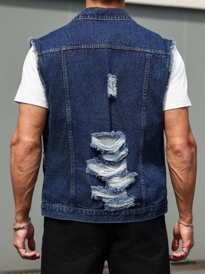 Ripped Denim Vest Men Dark Blue Distressed Sleeveless Jean Jacket Vintage Ships From US photo 2