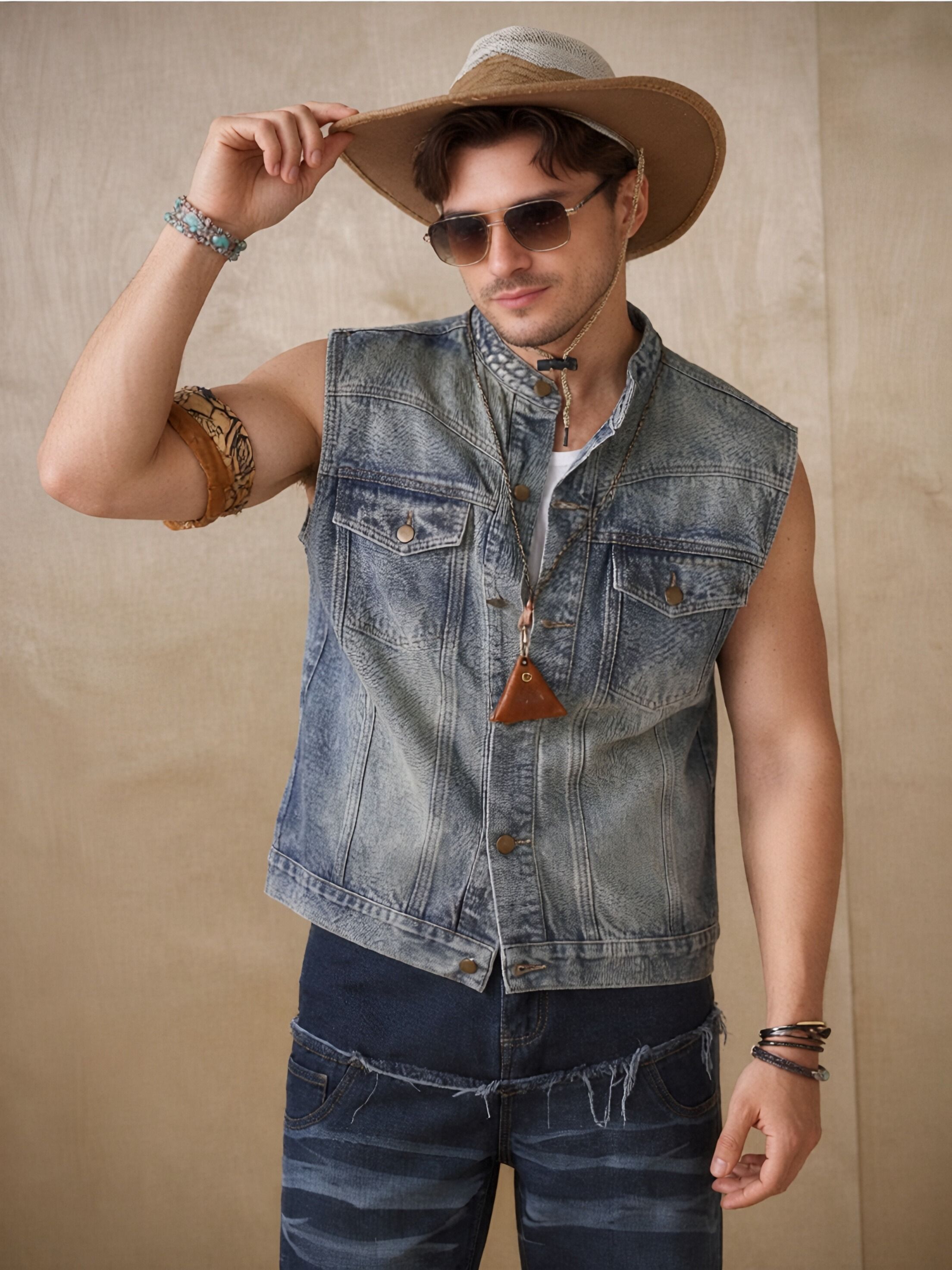 Vintage Washed Denim Vest Men Blue Sleeveless Jean Jacket Retro Casual US Local Stock photo 4