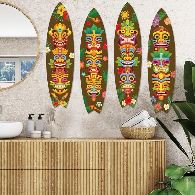 4-Piece Wooden Surfboard Wall Decor Tropical Beach Hanging Signs For Hawaiian Luau Home And Party Decoration photo 5