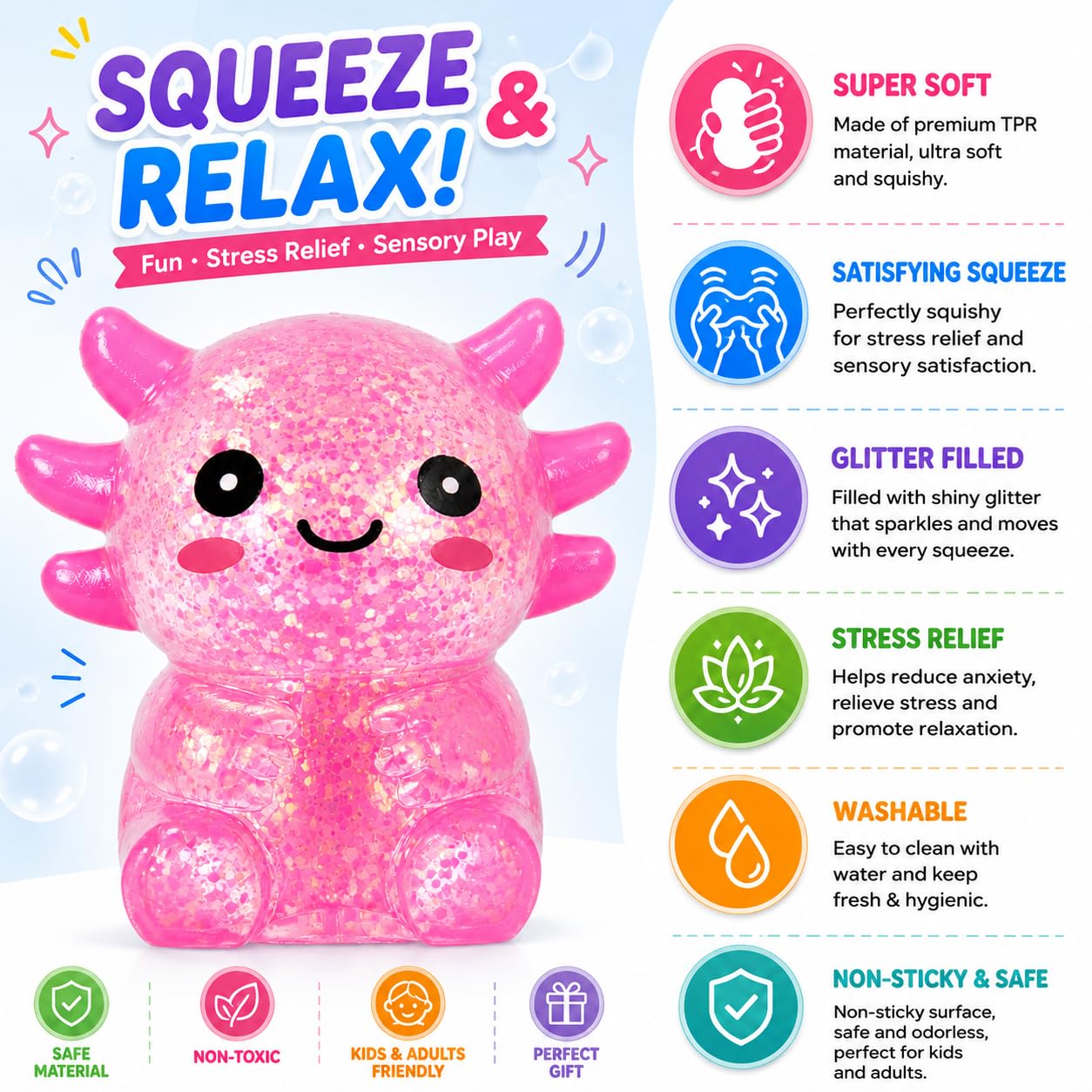 Axolotl Stress Ball, Cute Soft Slow Rising  Toy, Calming Fidget Squeeze Toy Sensory Toy For Stress Relief Kids Adults photo 3