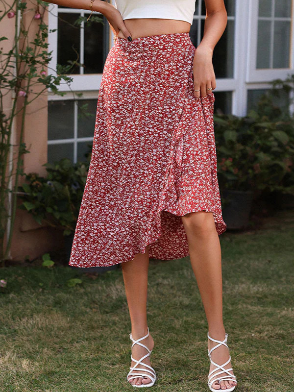 Women Ditsy Floral Midi Skirt High Waist A Line Flowy Ruffle Hem Casual Boho Skirt For Summer photo 3