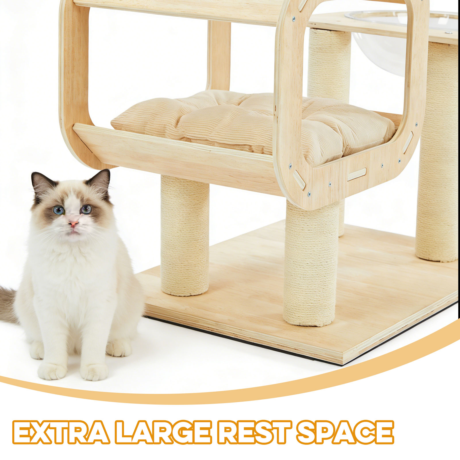 Modern Heavy-Duty No-Drill Cat Tree-Solid Wood Multi-Story Board, 4-Story Multi-Column Cat Tower, 57.9in For Multi-Cat Households, Open Condo, Space Capsule & Perch, Natural Wood Indoor Pet Furniture photo 7
