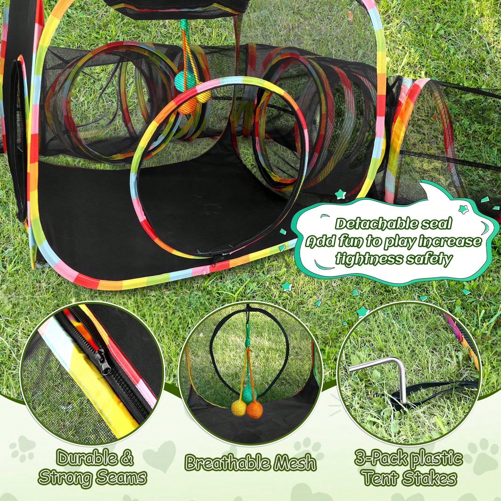 Outdoor Rainbow Cat Enclosure, 5 In 1 Portable Cat Tents For Outside Cage Free Outside Pet Enclosure Cat Tunnel Outdoor Playground For Indoor Cats And Small Animals photo 2