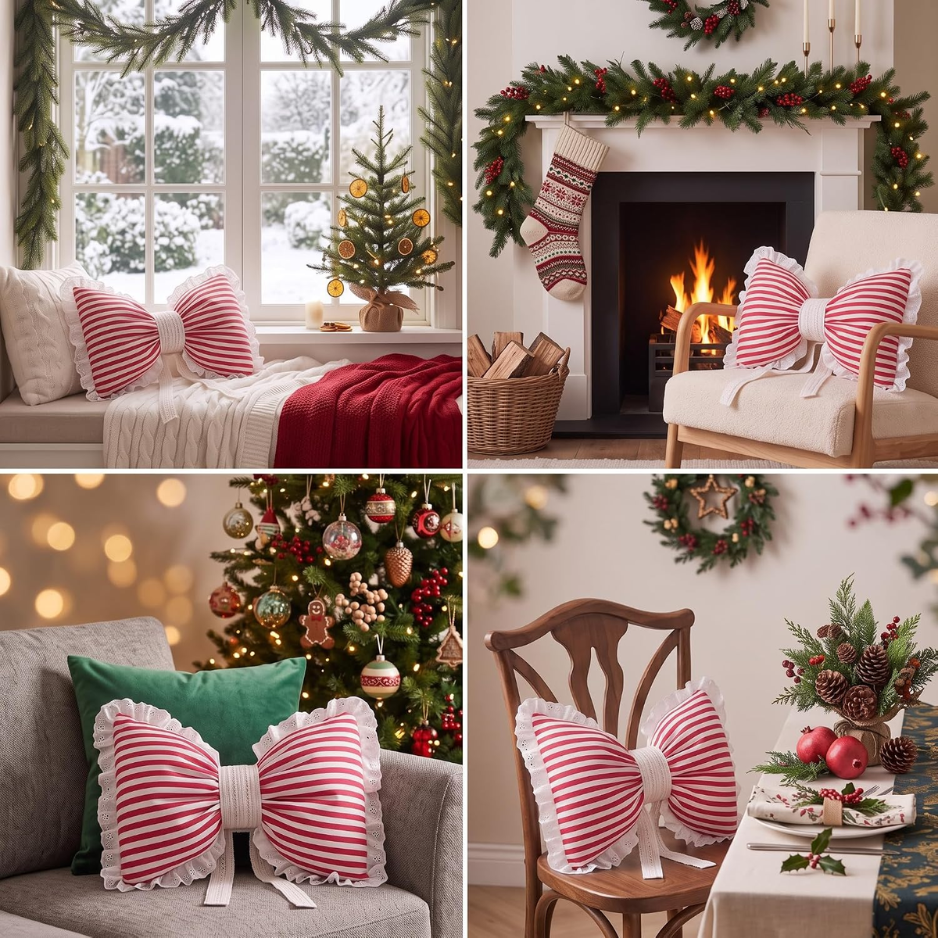 Christmas Bow Throw Pillow Cover, Red & White Striped Decorative Cushion With Lace Ruffle Trim, Festive Holiday Home Decor For Sofa & Bed photo 4