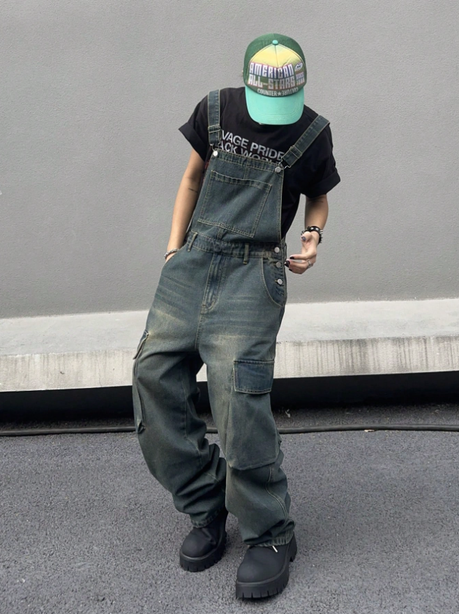Mens Vintage Denim Bib Overalls Faded Wash Wide Leg Baggy Streetwear Dungarees US Warehouse Ready Stock photo 1