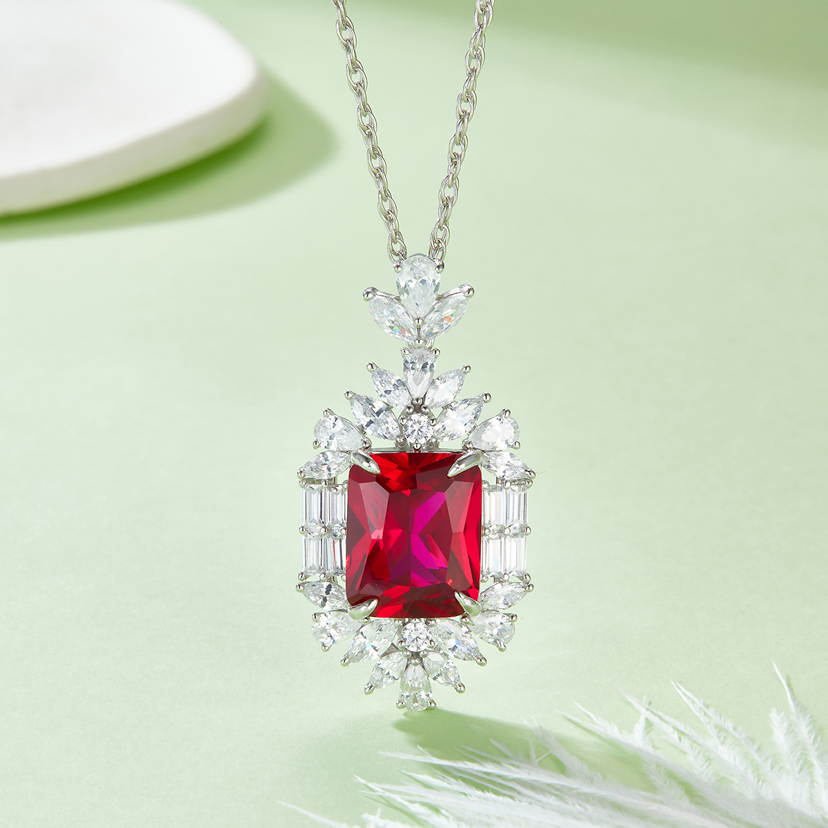 S925 Silver 14.6g 12.86ct Lab-Created Ruby Necklace, 15x12mm Halo Pendant, 40&5cm photo 1