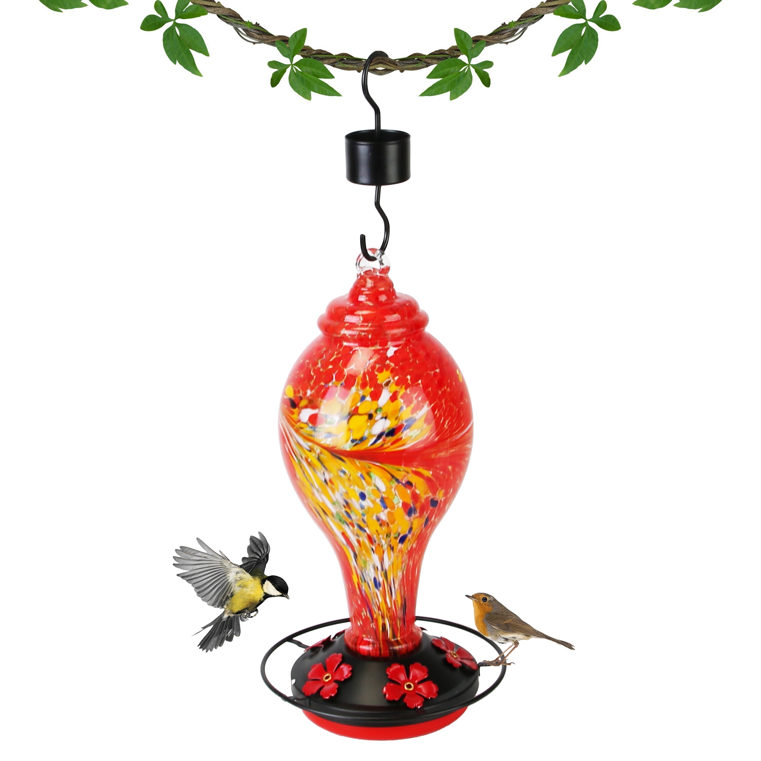 1Pc Glass Hummingbird Feeder 33OZ Hand Blown Hummingbird Feeder With 5 Flower Feeding Port Perch Ant Moat Hanging Hook S Hook Hemp Rope Cleaning Brush For Garden Decor photo 8