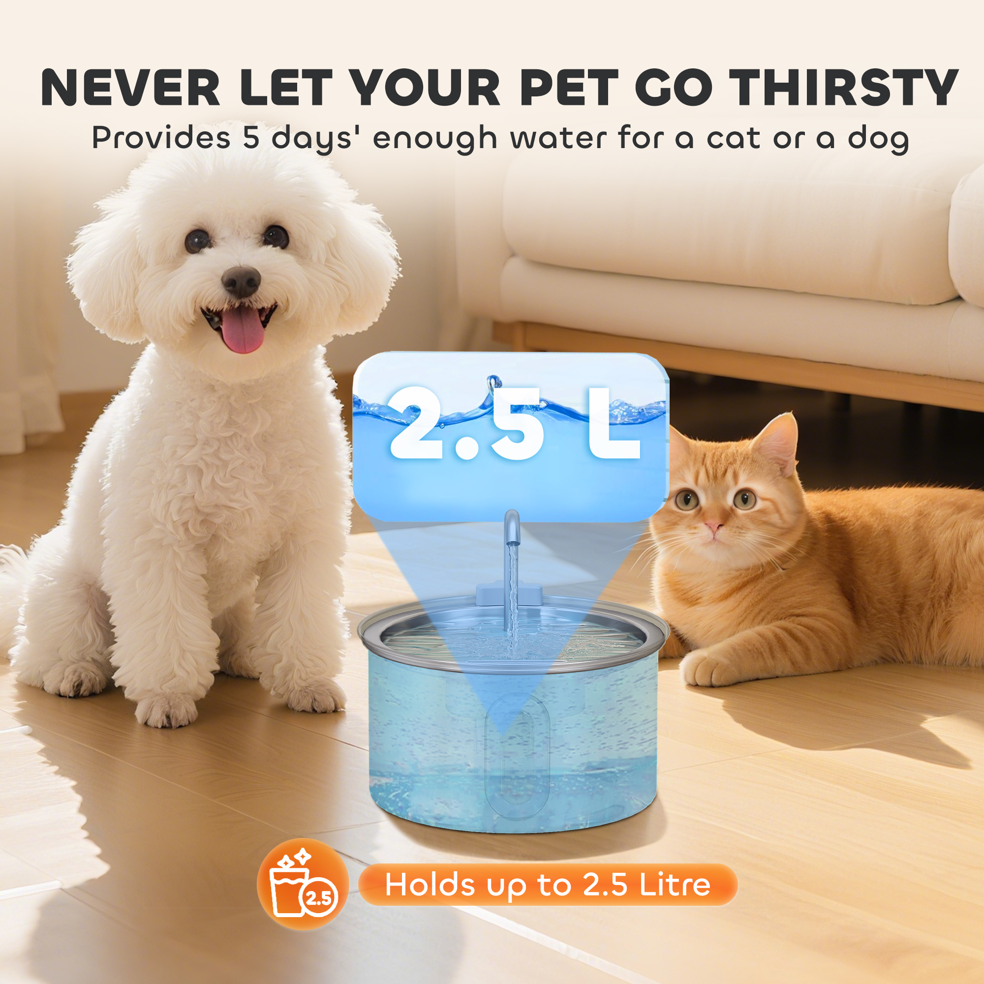 2.5L Stainless Steel Cat Water Fountain With Ultra Quiet Pump Water Level Window And 7 Filters photo 4