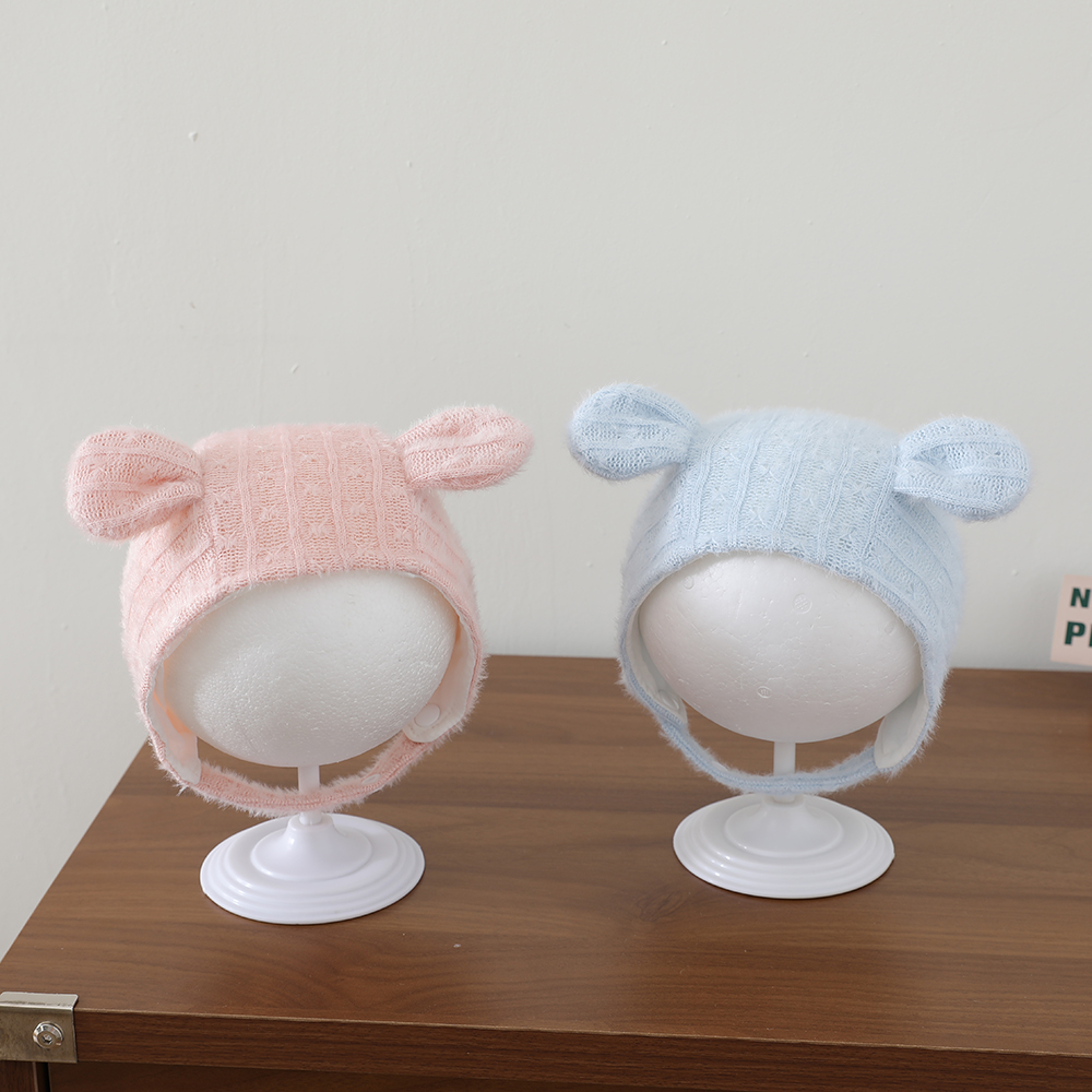 Winter Autumn Pure Color Knitted Three-dimensional Ear Protection Hat With Soft And Fluffy Fabric And Lace Straps photo 4