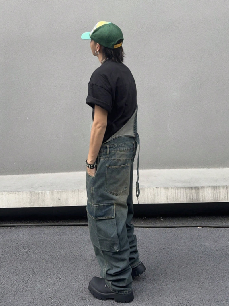 Mens Vintage Denim Bib Overalls Faded Wash Wide Leg Baggy Streetwear Dungarees US Warehouse Ready Stock photo 2