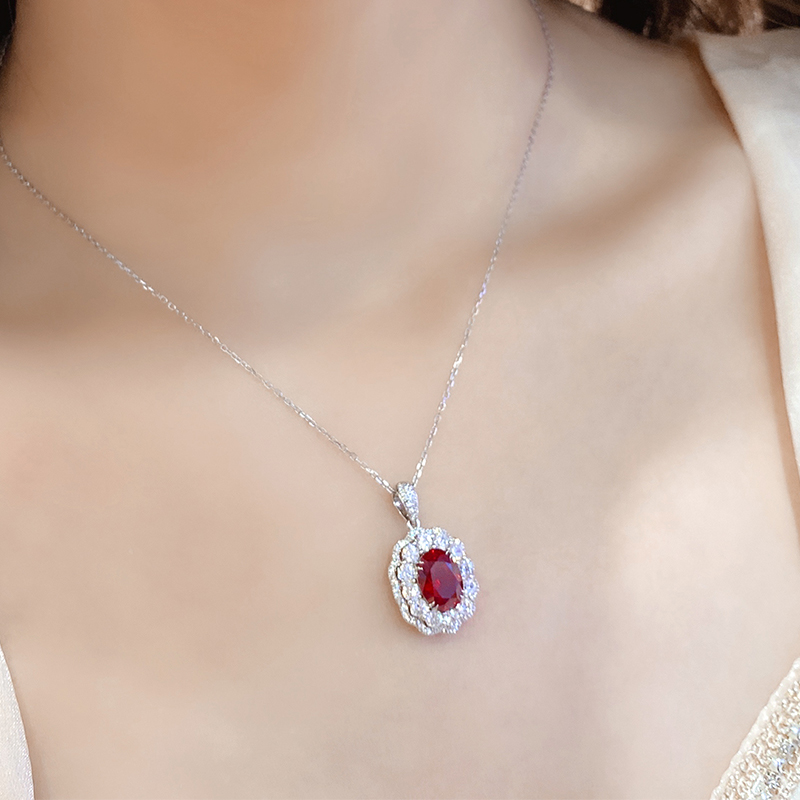 S925 Silver 5.2g Lab-Created Ruby Necklace, 10x7mm Halo Pendant, 40&5cm, GRA Certified photo 2