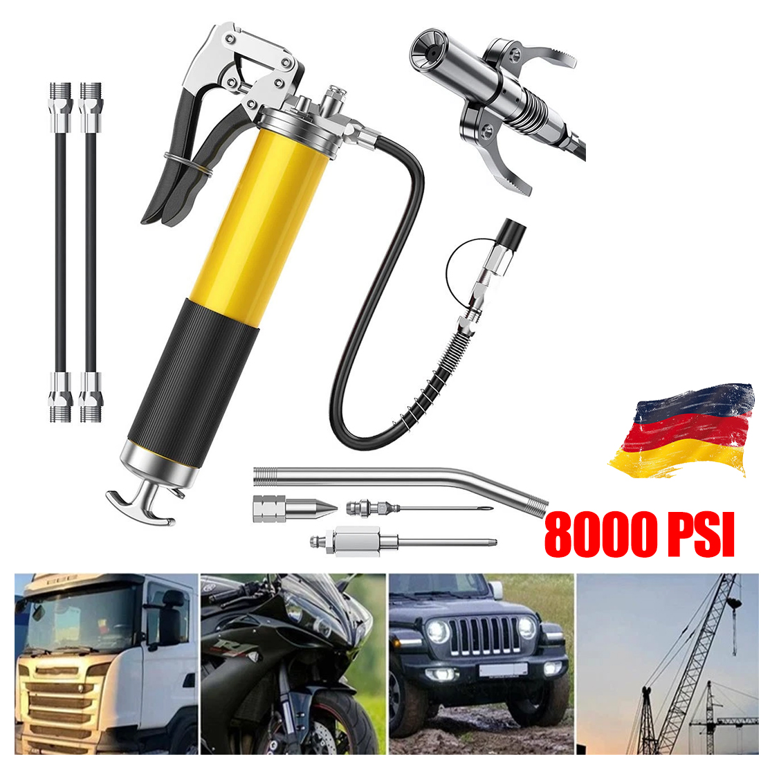 Professional Grease Gun, One-Hand Grease Gun, 8000 PSI, 8-Piece Set With 2 Standard Hoses photo 1