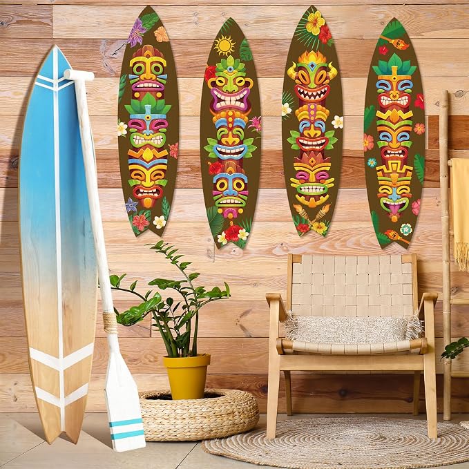 4-Piece Wooden Surfboard Wall Decor Tropical Beach Hanging Signs For Hawaiian Luau Home And Party Decoration photo 2