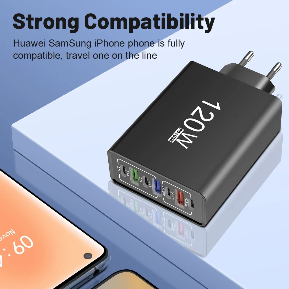 USB-C Charger, 120W Total Power, Multi-port Fast Charging, Type-C Interface, Compatible With IPhone, Samsung, Huawei, And Other Mobile Phones, European Standard Plug, Wall Charger. photo 2