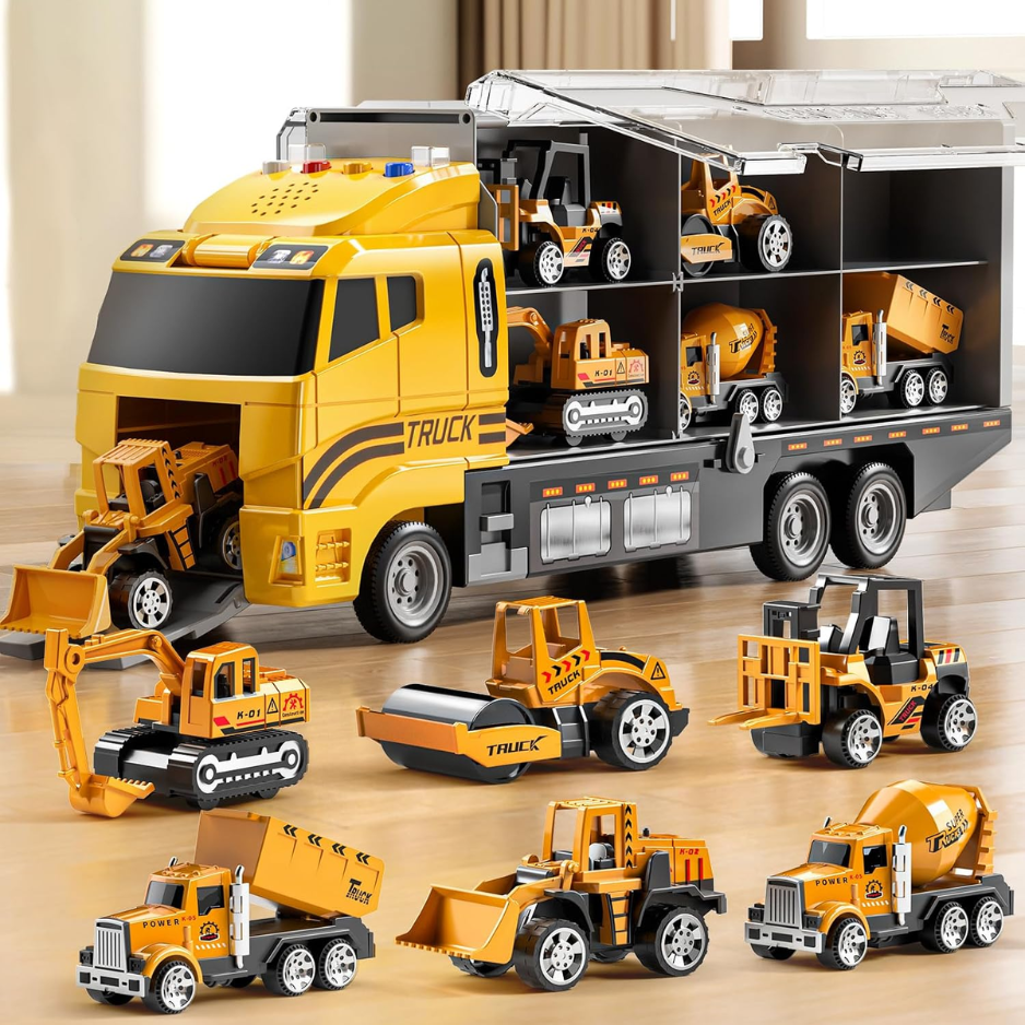 Construction Truck Toy Set For Kids, Die-Cast Toy Vehicles With Play Mat & Transport Carrier Truck, Pretend Play Toys For Boys Ages 3-8 photo 1