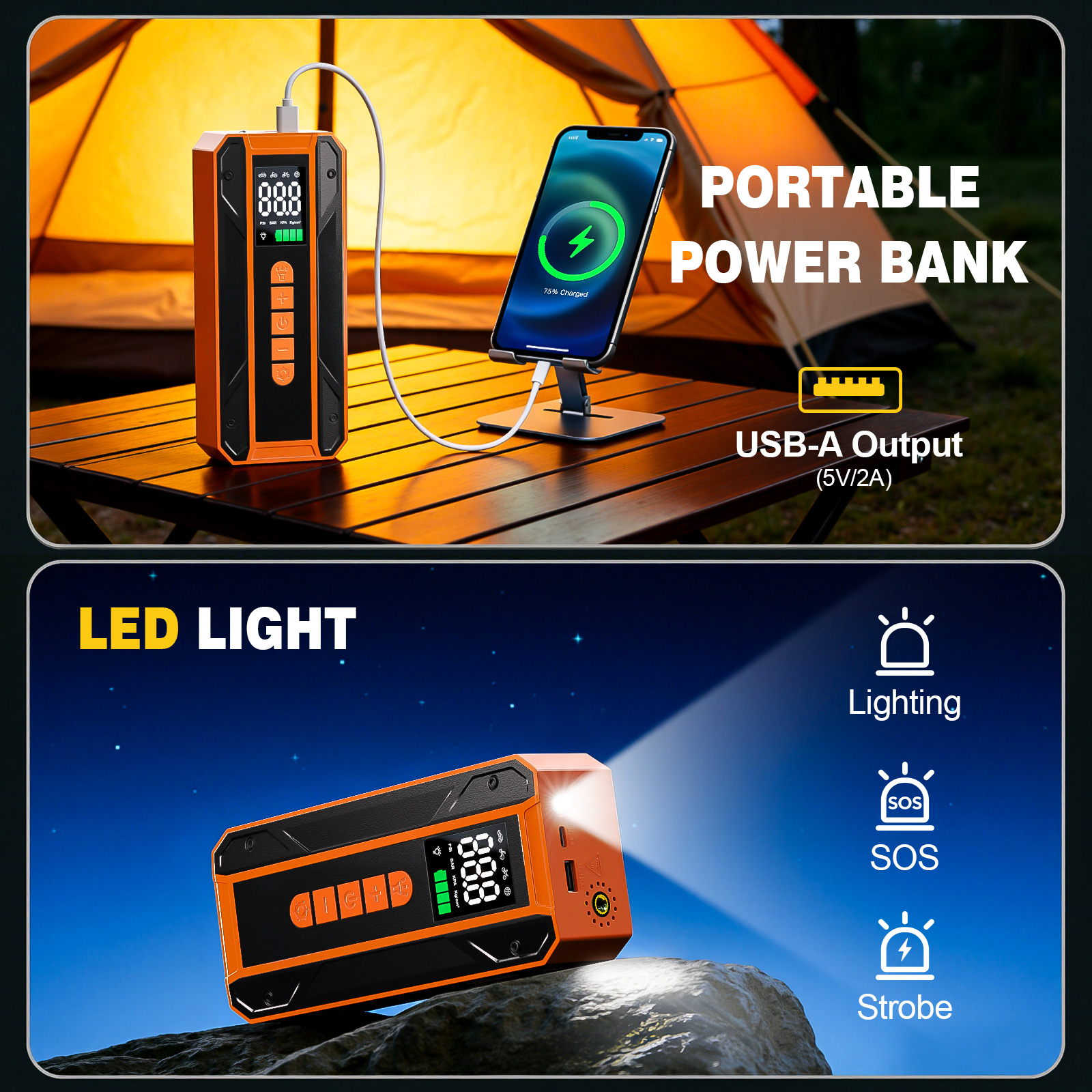 Air Pump Car Jumper Starter Portable Battery Pack With 150PSI Tire Inflator, 12V Jumper Box For Car Charger Battery Booster With LCD Display, 3-Mode Emergency Flashlight photo 5