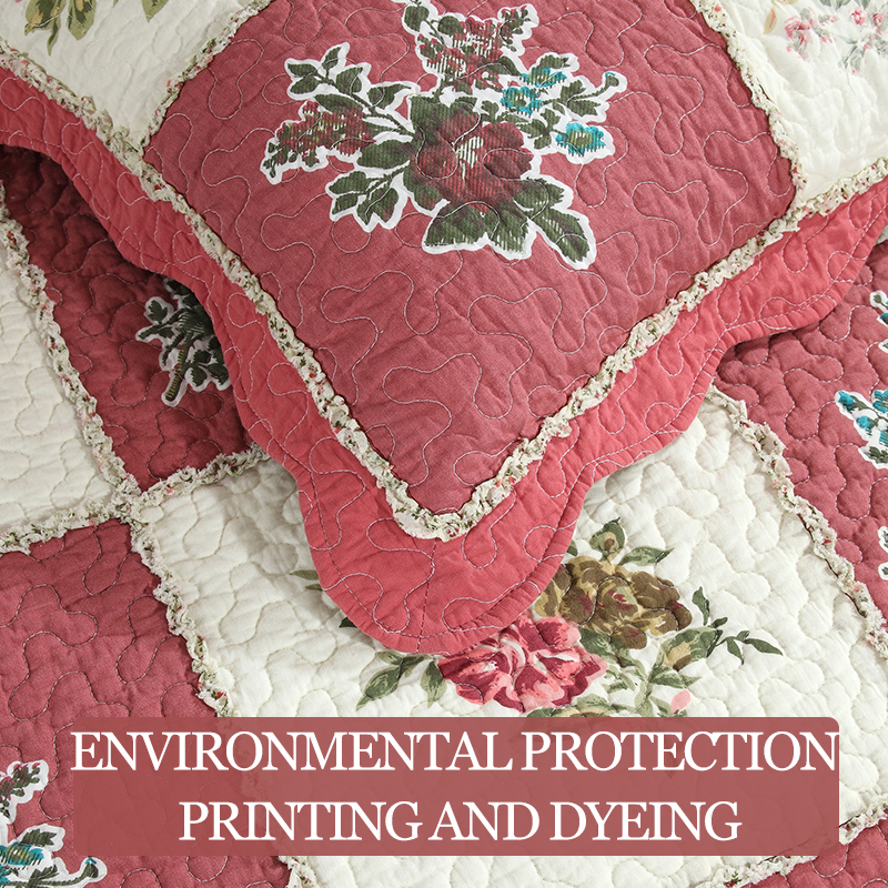 3-Piece Vintage Floral Patchwork Quilted Bedspread Set  Red Beige Rose Grid Scalloped Edge Cotton Filled Quilting Technology Reversible Coverlet Skin-Friendly No Shrinkage Non-Slip Anti-Wrinkle photo 5
