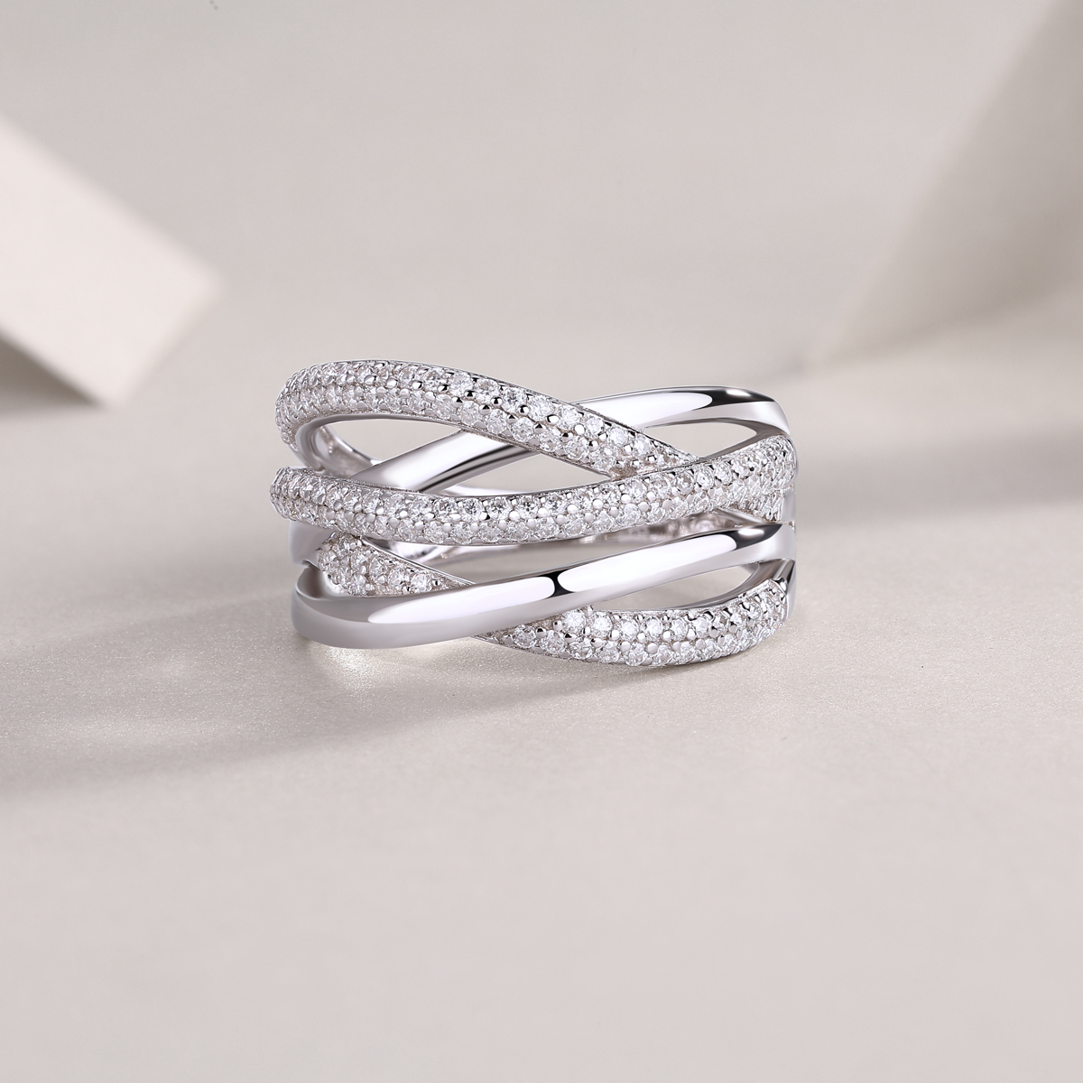 S925 Silver 5g Platinum Plated Moissanite Ring, 12.1mm Criss Cross Pave Band, D VVS1 GRA US 5-9 photo 4