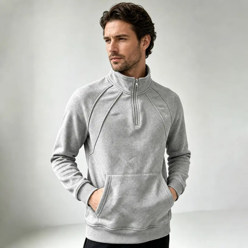 New Men's Fleece Zip Sweatshirt, Loose Stand Collar Sports Casual Outerwear photo 3