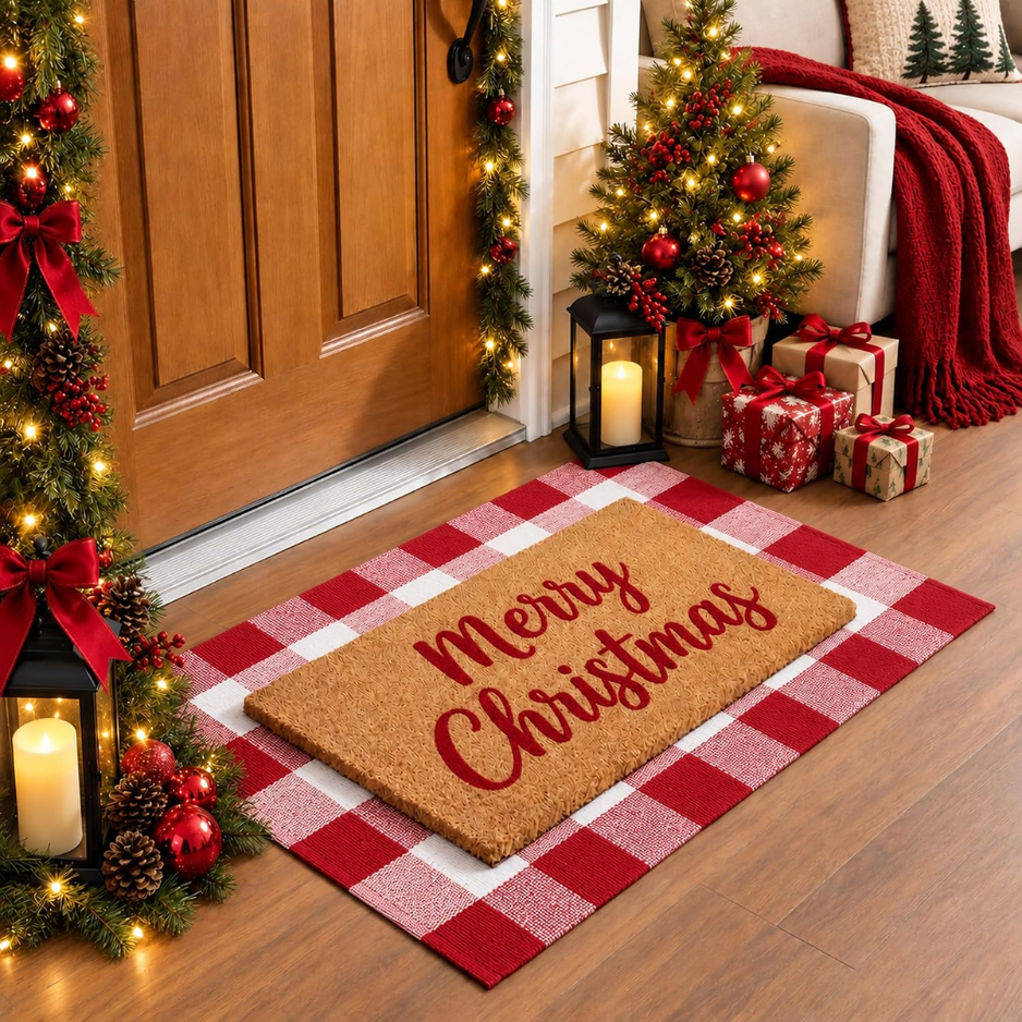 Christmas Red And White Plaid Door Mat, 28 X 43 Inches Cotton Hand-Woven Layered Entry Mat For Front Porch, Entryway, Outdoor Holiday Decor, Washable photo 5
