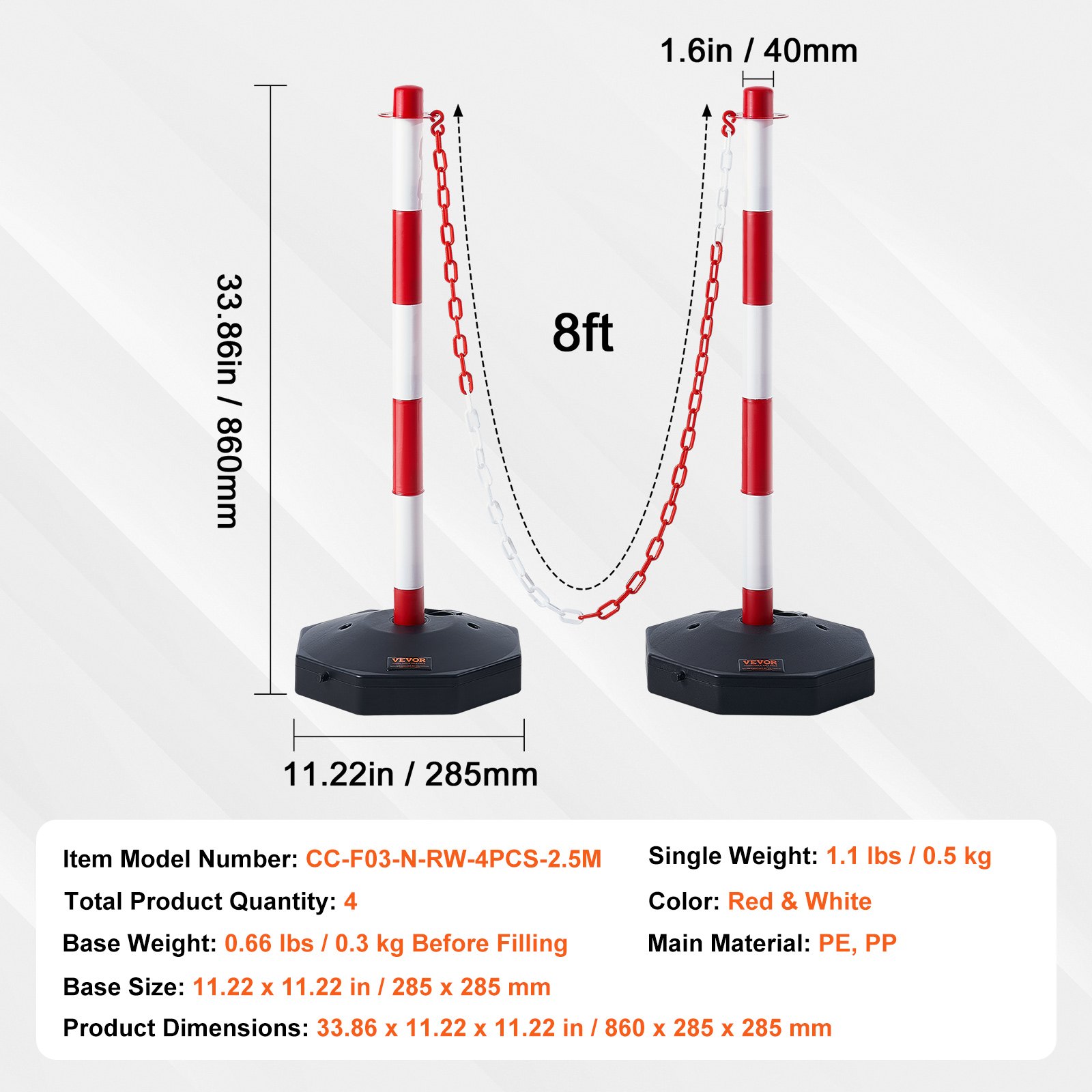 Adjustable Traffic Delineator Post Cones, 4 Pack, Traffic Safety Delineator Barrier With Fillable Base 2.44 M Chain, For Traffic Control Warning Parking Lot Construction Caution Roads, Red & White photo 4