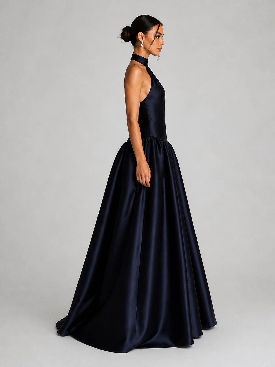 Midnight Navy Satin Halter Neck Ball-Gown Evening Dress photo 2