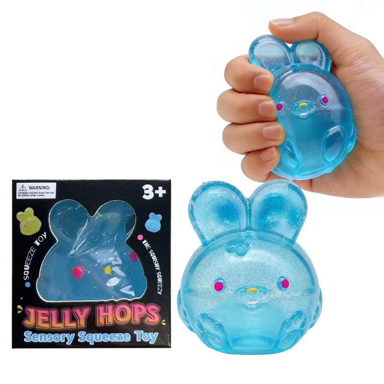 Stress Relief Blue Glitter Bunny Squeeze Toy - Jelly Hops Sensory Squishy Fidget Toy, Anxiety Calming Soft Jelly Ball For Kids & Adults photo 7