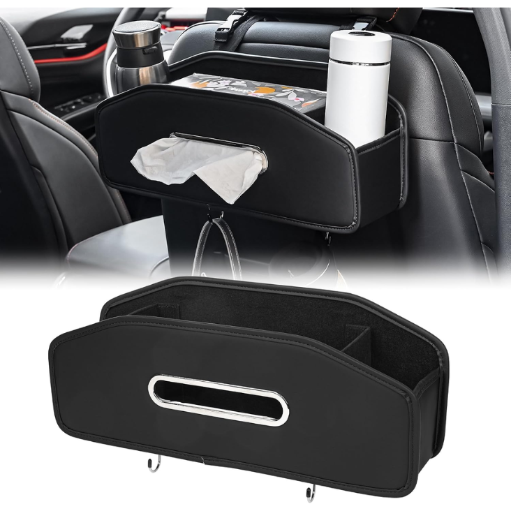 Car Seat Back Organizer With 2 Drink Cup Holder, Car Tissue Holder And Storage Box Hook, 3 In 1 Multifunctional Storage For Food Drink Phone, Travel Accessories Black photo 4