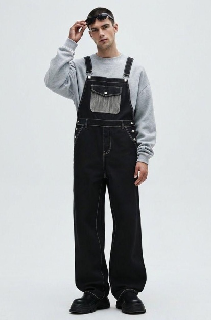Black Denim Overalls Men Asymmetric One Shoulder Baggy Wide Leg Streetwear Jumpsuit US Ready Stock photo 1