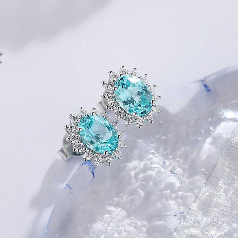 S925 Silver 3.1g Lab-Created Ruby Sapphire Emerald Paraiba Earrings, 8x6mm Halo, 4 Colors photo 2