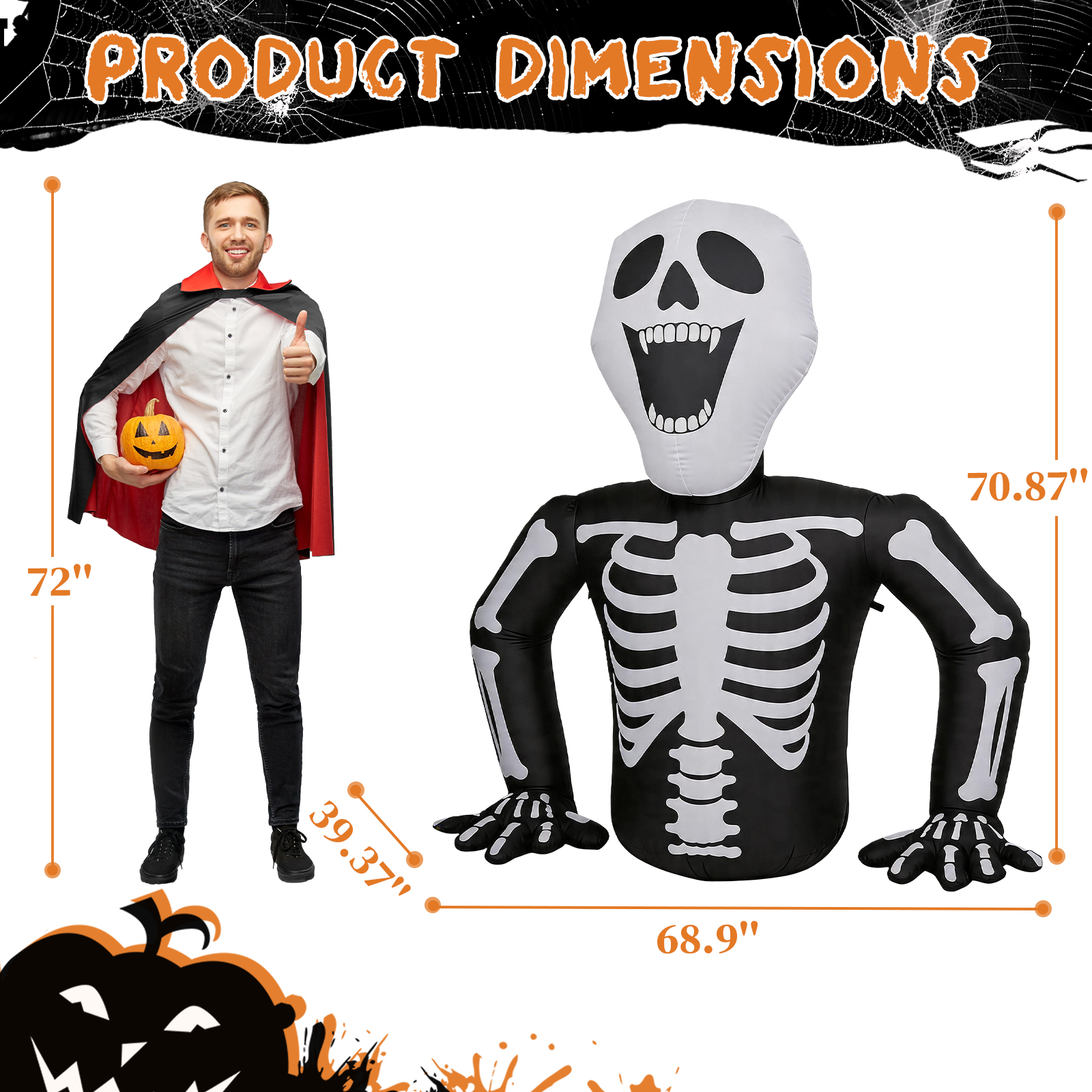 6ft Half-Skull Inflatable Decoration With 3 LED Lights,Black And White,1000mA,12V US Standard photo 2