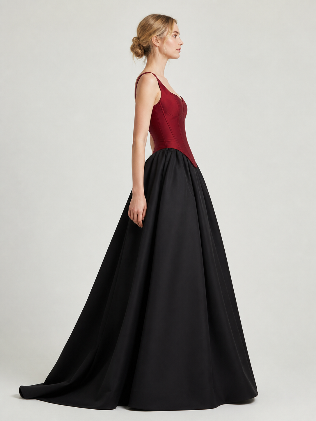 Burgundy Corset Bodice Black Satin Ball-Gown Evening Dress photo 2