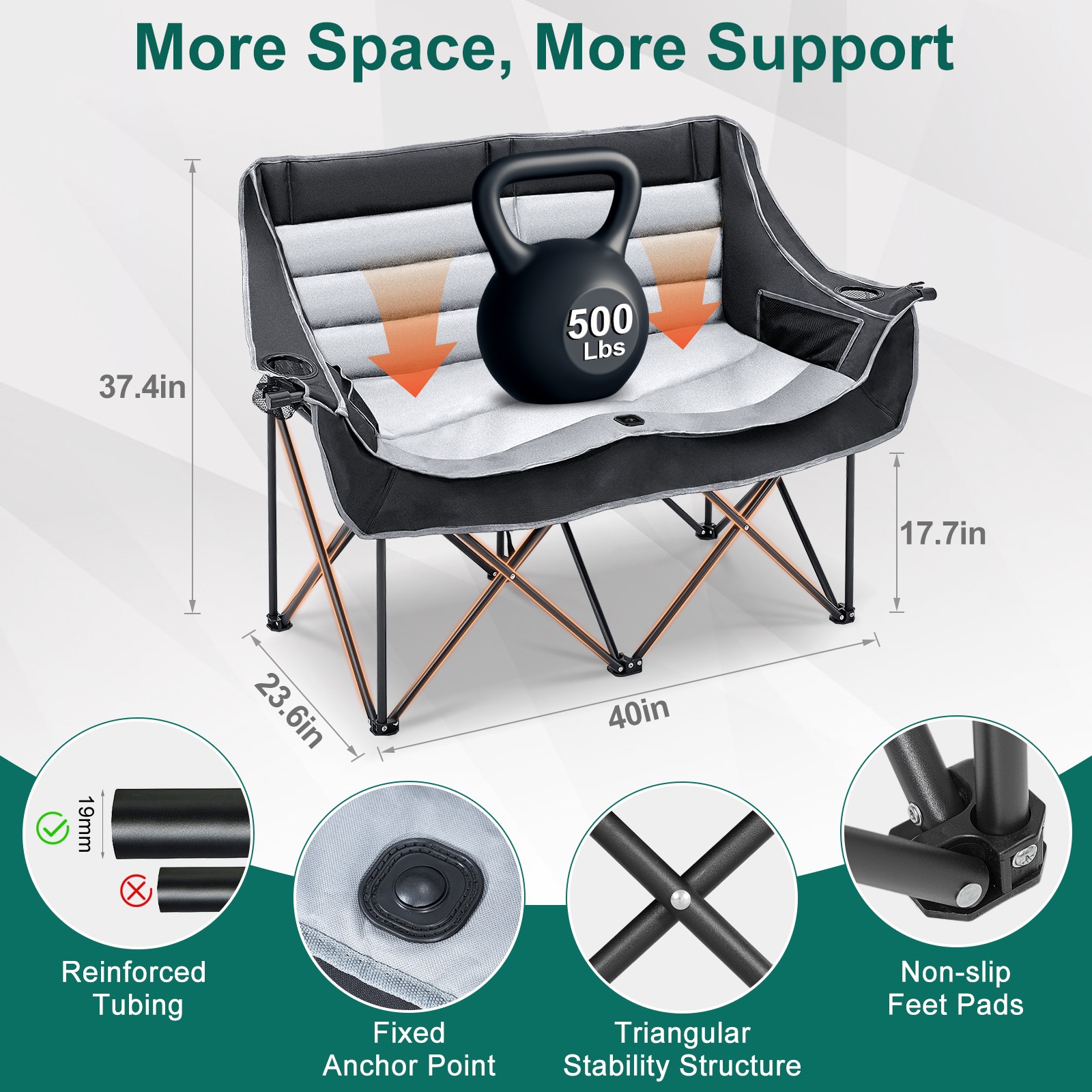 Double Camping Chair, Folding 2 Person Camping Chair Loveseat With Cup Holder photo 5