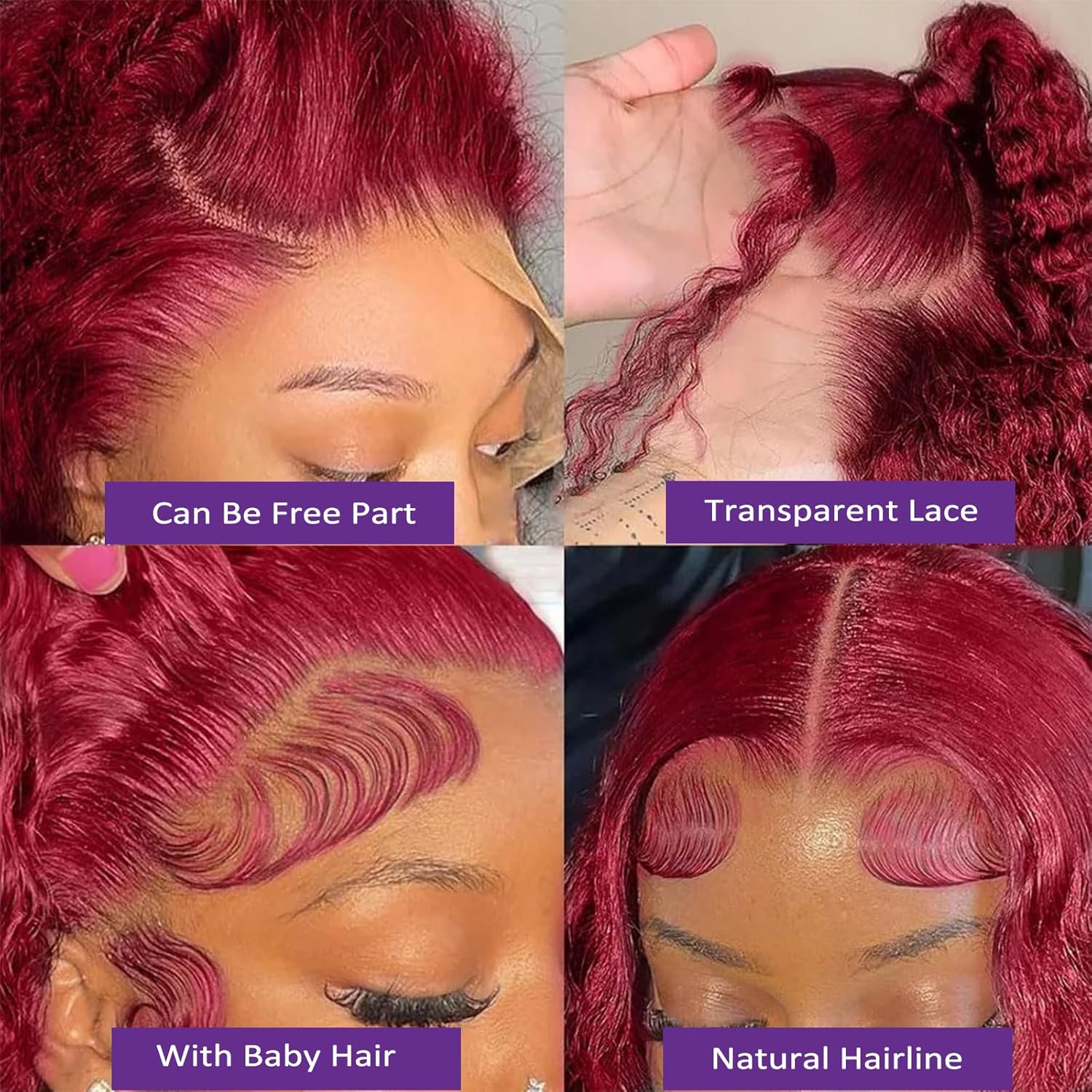 13x4 Lace Front Loose Wave Human Hair Wig Burgundy Red Density photo 3