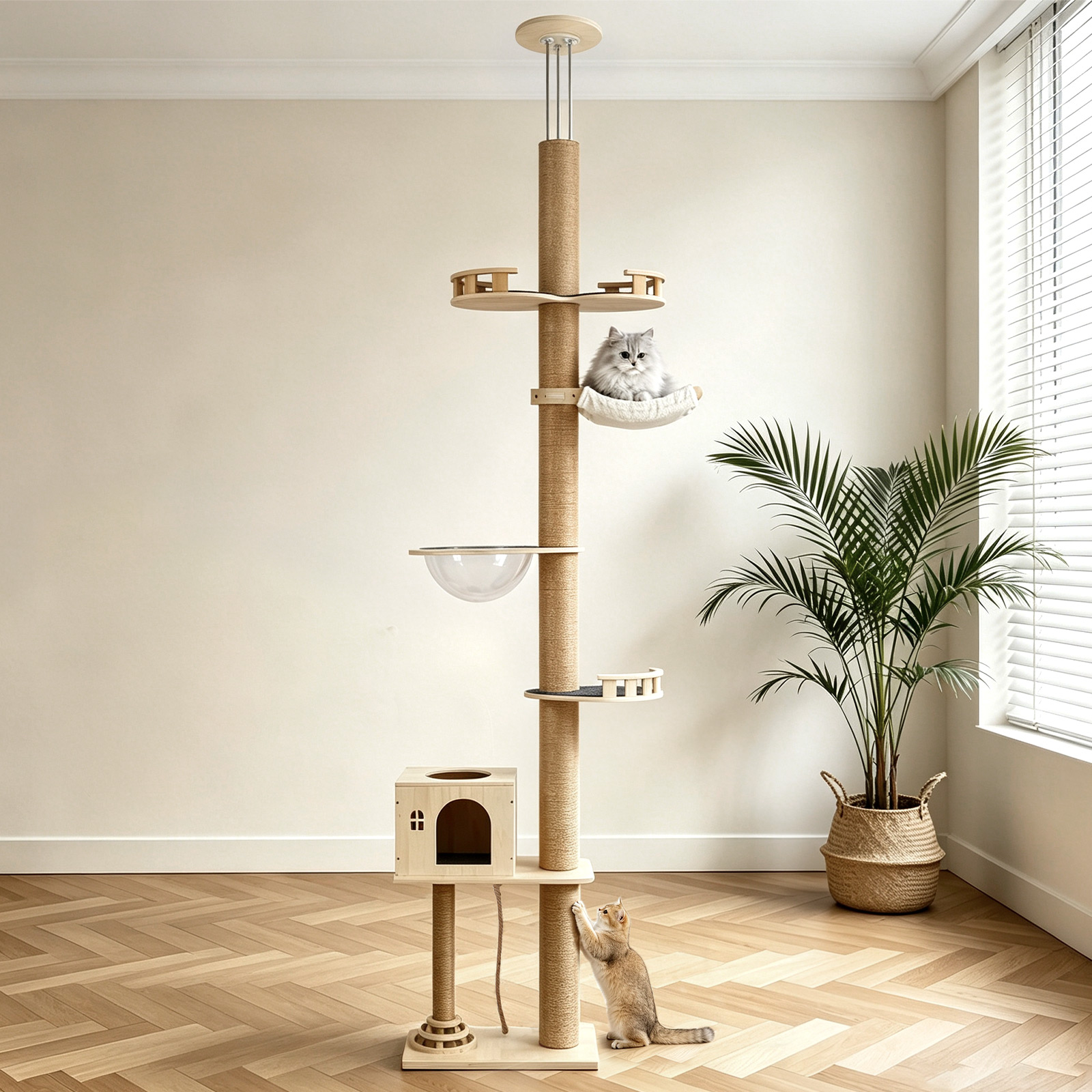 Floor-to-Ceiling Cat Tree With Natural Sisal Rope Scratching Post - Adjustable Height Modern Cat Activity Tree, Cat Scratcher Post photo 1