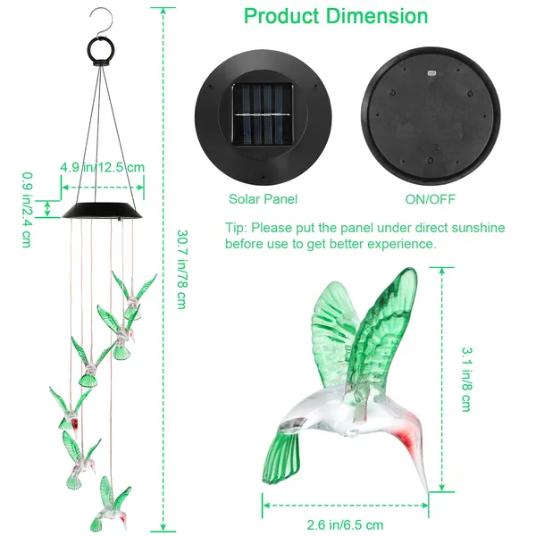 LED Solar Hummingbird Wind Chime Solar String Lights 6 LEDs Color photo 3